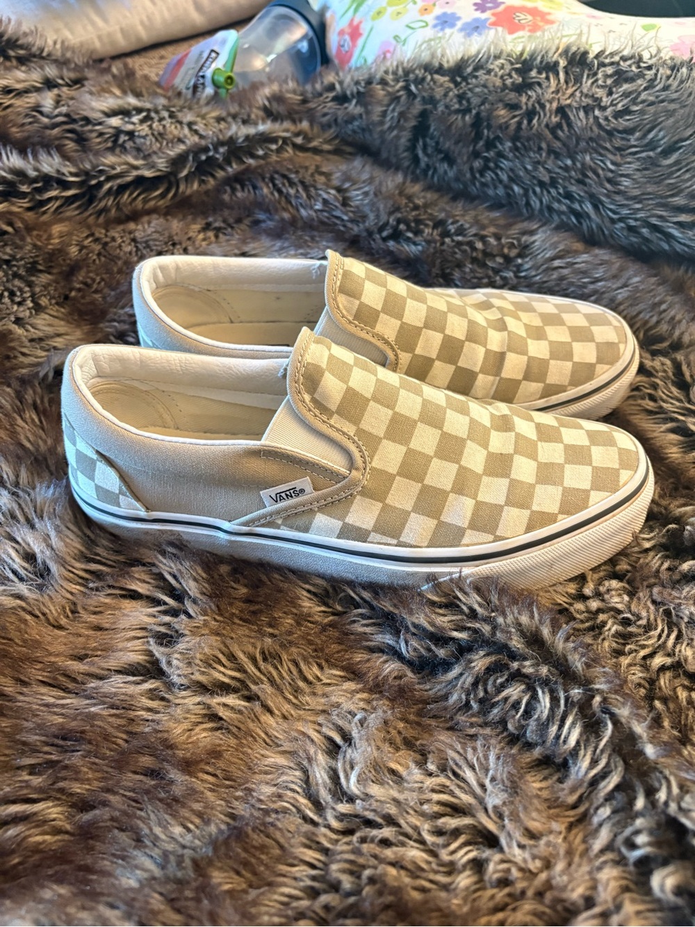 Vans beige checker slip ons